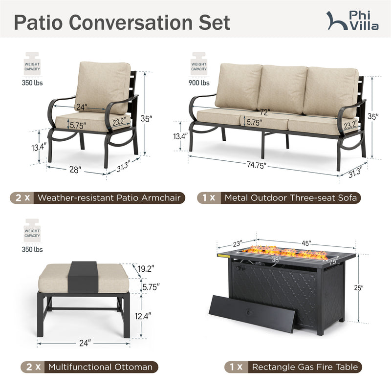 Phi Villa 7-Seater Patio Steel Conversation Sofa Sets With Leather Grain Fire Pit Table