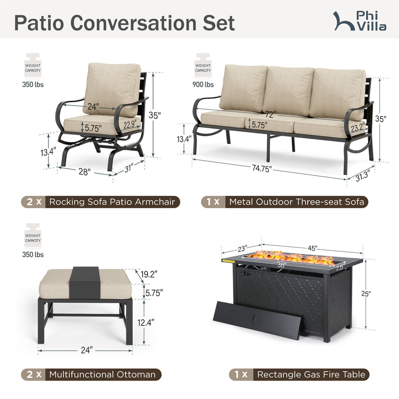 Phi Villa 7-Seater Patio Steel Conversation Sofa Sets With Leather Grain Fire Pit Table