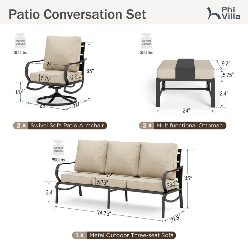 Phi Villa 7-Seater Patio Steel Sofa with Multi-functional Ottomans