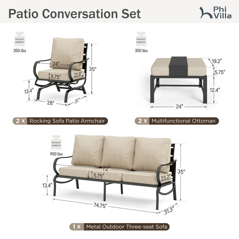 Phi Villa 7-Seater Patio Steel Sofa with Multi-functional Ottomans