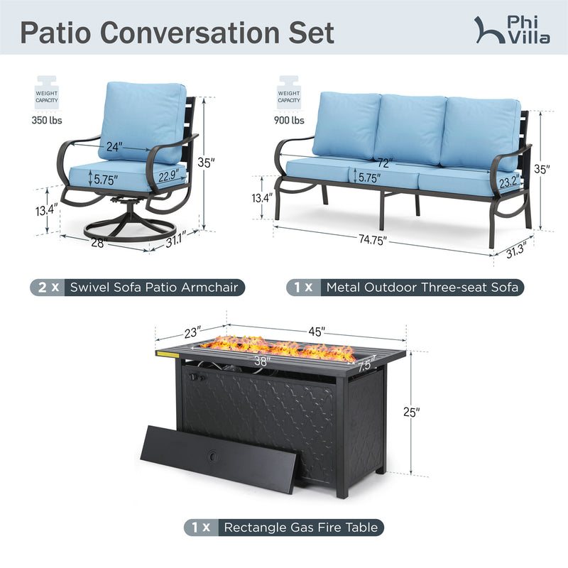 Phi Villa Outdoor Steel Swivel Sofa Sets With Leather Grain Fire Pit Table for Sale