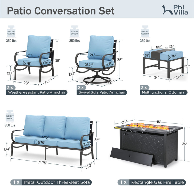 Phi Villa 9-Seater Patio Steel Conversation Sofa Sets With Leather Grain Fire Pit Table