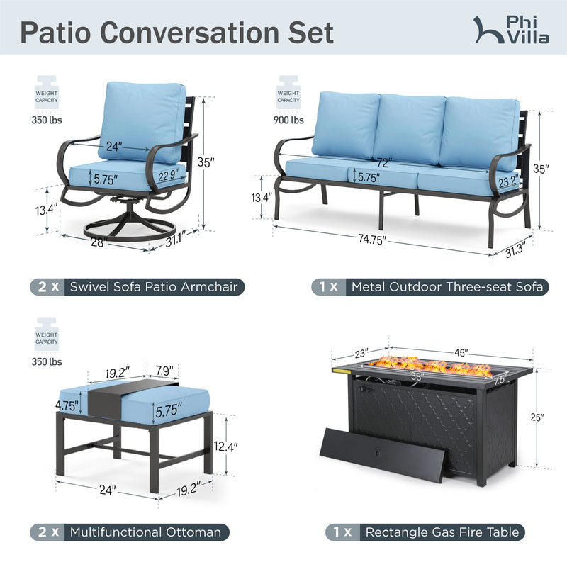 Phi Villa 7-Seater Patio Steel Conversation Sofa Sets With Leather Grain Fire Pit Table