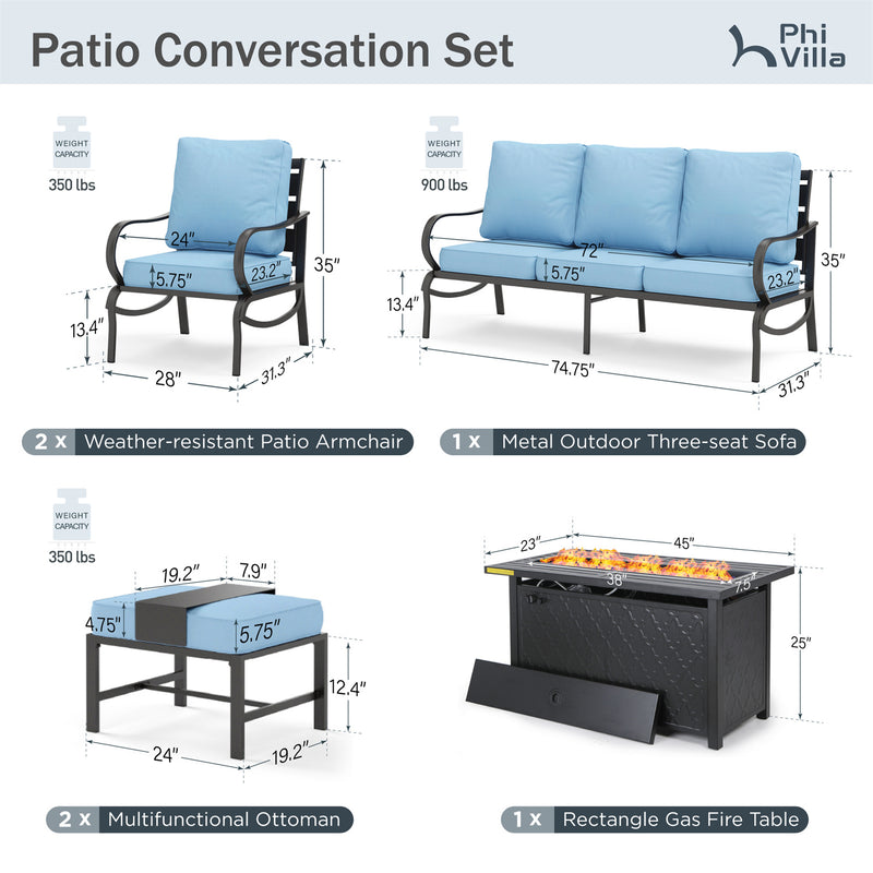 Phi Villa 7-Seater Patio Steel Conversation Sofa Sets With Leather Grain Fire Pit Table