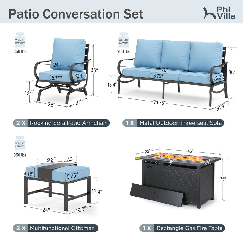 Phi Villa 7-Seater Patio Steel Conversation Sofa Sets With Leather Grain Fire Pit Table