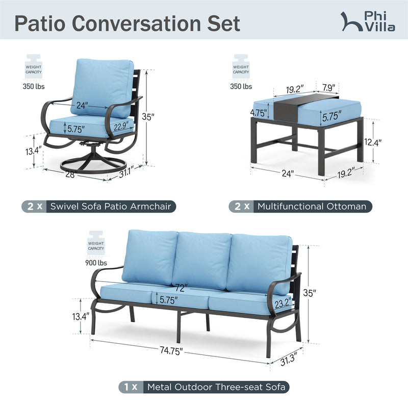 Phi Villa 7-Seater Patio Steel Sofa with Multi-functional Ottomans