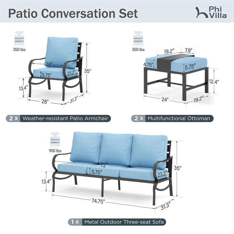 Phi Villa 9-Seater Patio Steel Sofa With Cushions And Multi-functional Ottomans