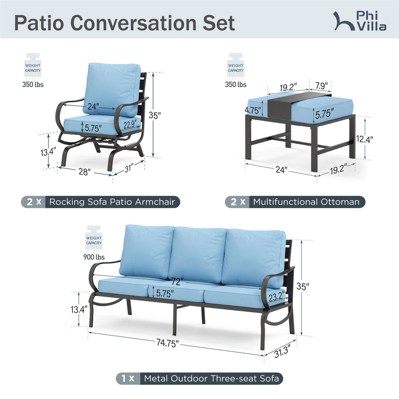 Phi Villa 7-Seater Patio Steel Sofa with Multi-functional Ottomans