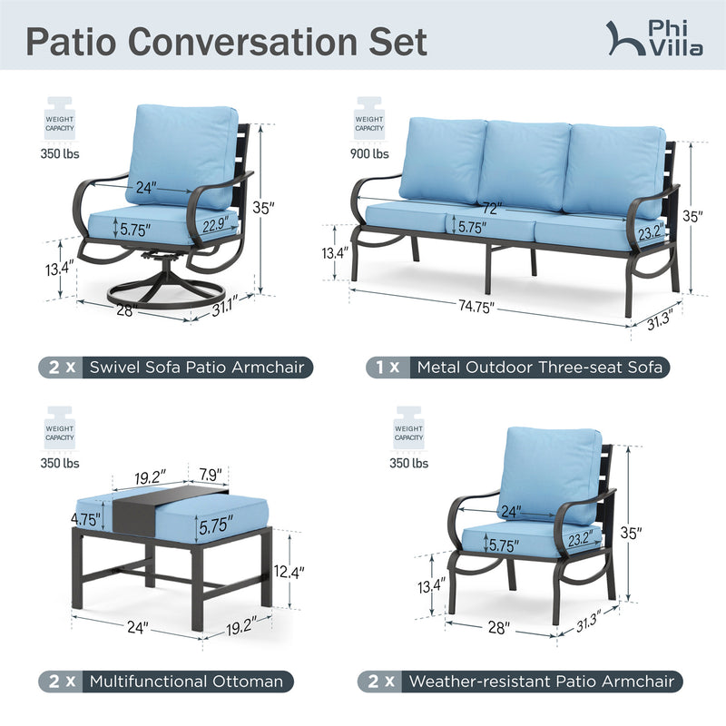 Phi Villa 9-Seater Patio Steel Sofa With Cushions And Multi-functional Ottomans