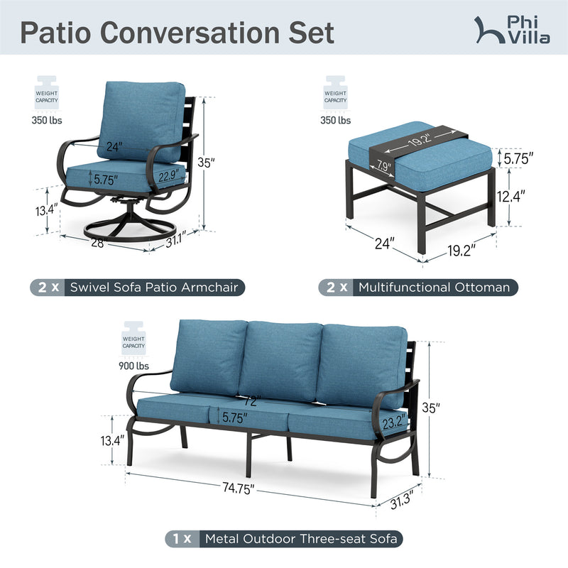 Phi Villa 7-Seater Outdoor Steel Conversation Sofa Set with Multi-functional Ottomans