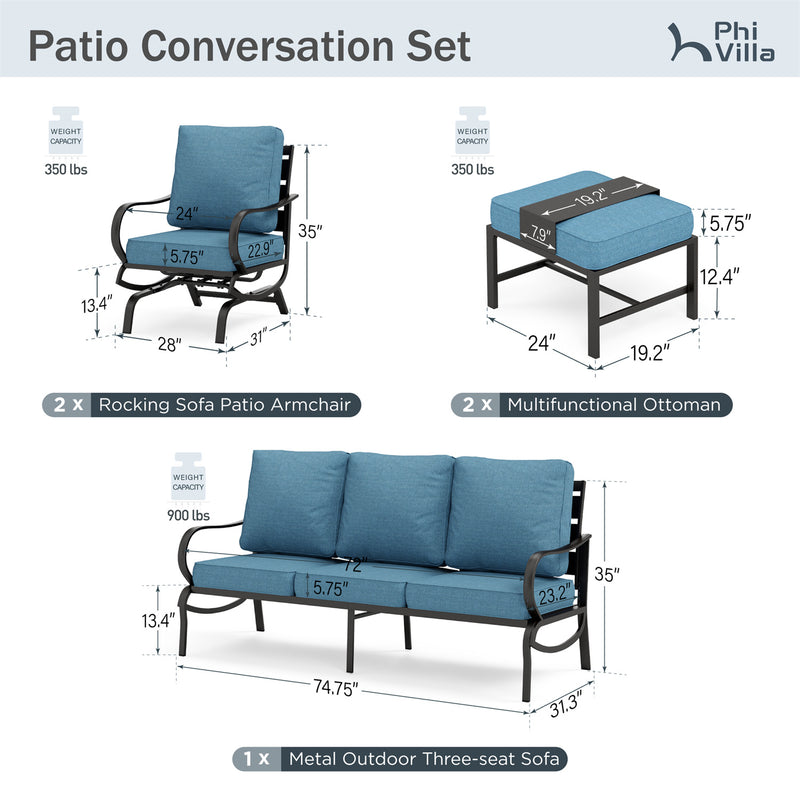 Phi Villa 7-Seater Outdoor Steel Conversation Sofa Set with Multi-functional Ottomans