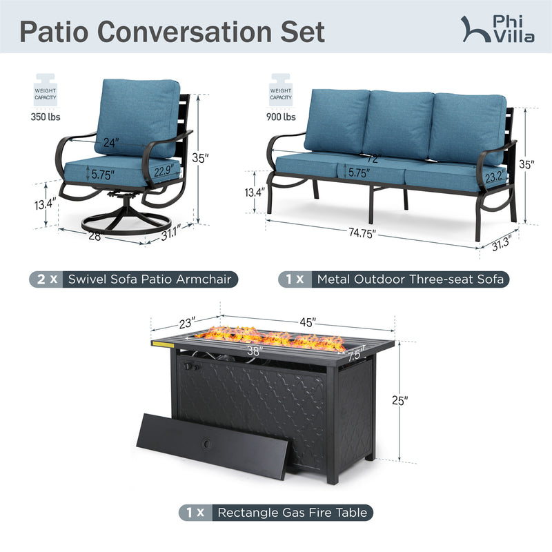 Phi Villa 5-Seater Patio Steel Conversation Sofa Sets With Leather Grain Fire Pit Table