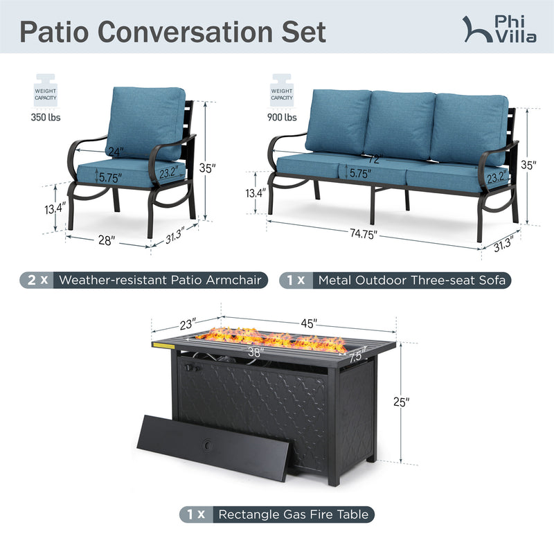 Phi Villa 5-Seater Patio Steel Conversation Sofa Sets With Leather Grain Fire Pit Table