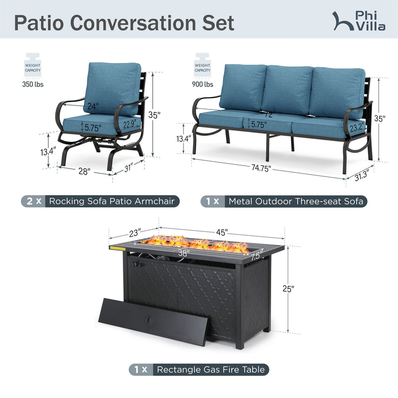 Phi Villa 5-Seater Patio Steel Conversation Sofa Sets With Leather Grain Fire Pit Table