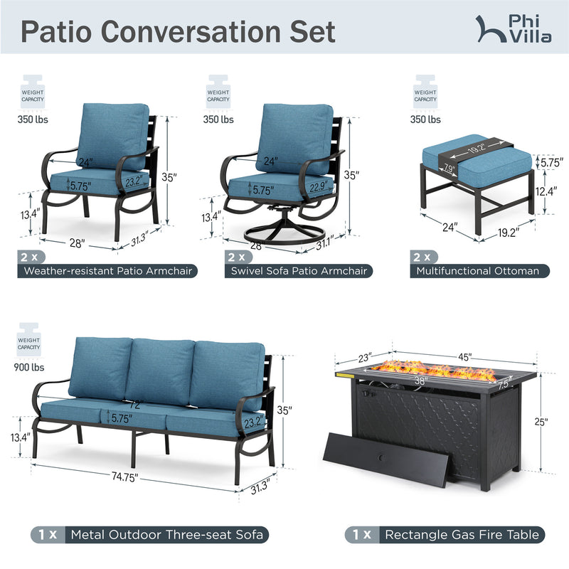 Phi Villa 9-Seater Patio Steel Conversation Sofa Sets With Leather Grain Fire Pit Table