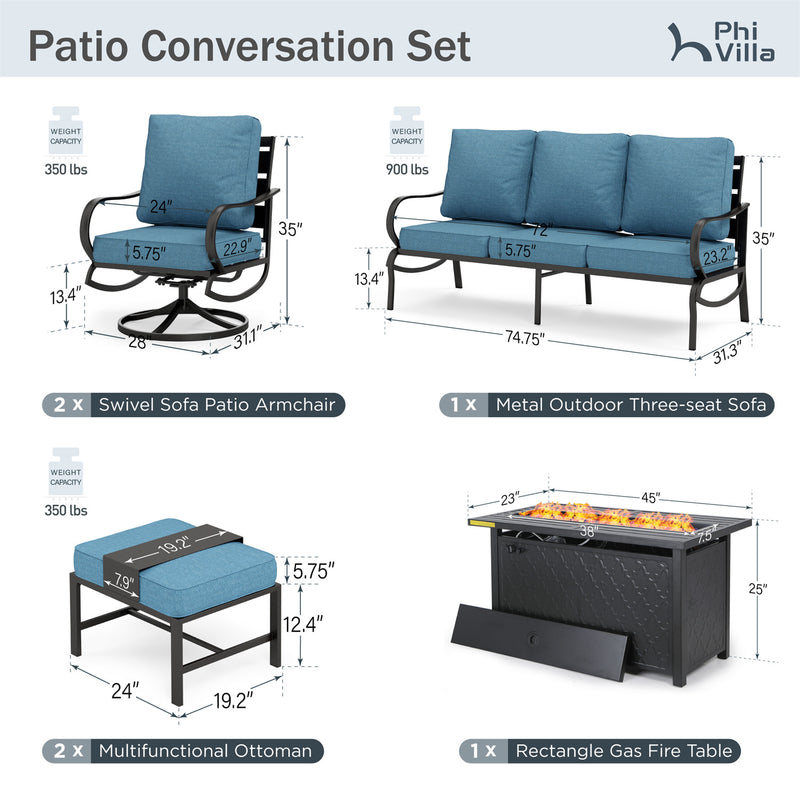 Phi Villa 7-Seater Patio Steel Conversation Sofa Sets With Leather Grain Fire Pit Table