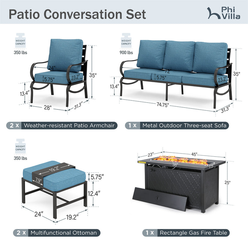 Phi Villa 7-Seater Patio Steel Conversation Sofa Sets With Leather Grain Fire Pit Table