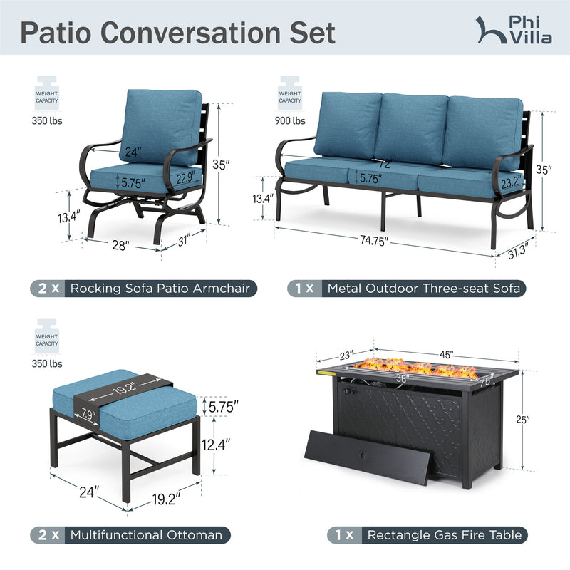 Phi Villa 7-Seater Patio Steel Conversation Sofa Sets With Leather Grain Fire Pit Table