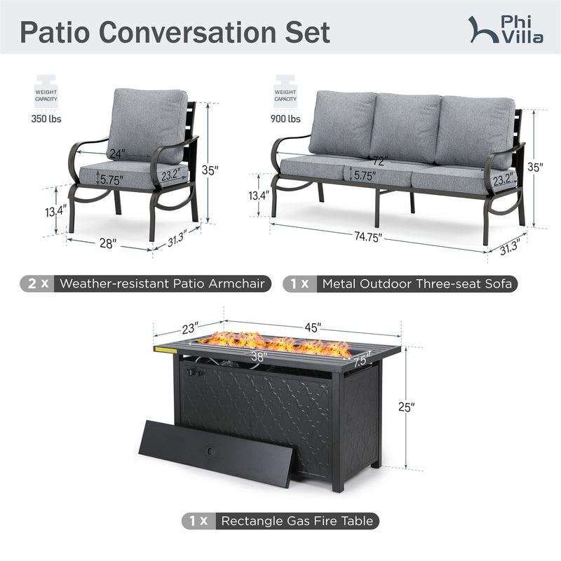 Phi Villa 5-Seater Patio Steel Conversation Sofa Sets With Leather Grain Fire Pit Table