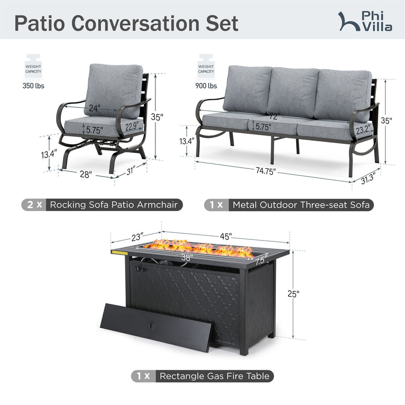 Phi Villa 5-Seater Patio Steel Conversation Sofa Sets With Leather Grain Fire Pit Table