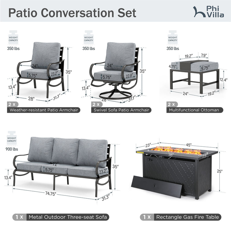 Phi Villa 9-Seater Patio Steel Conversation Sofa Sets With Leather Grain Fire Pit Table