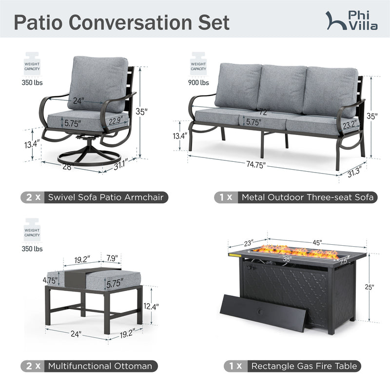 Phi Villa 7-Seater Patio Steel Conversation Sofa Sets With Leather Grain Fire Pit Table