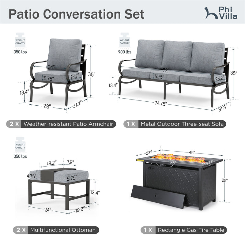 Phi Villa 7-Seater Patio Steel Conversation Sofa Sets With Leather Grain Fire Pit Table