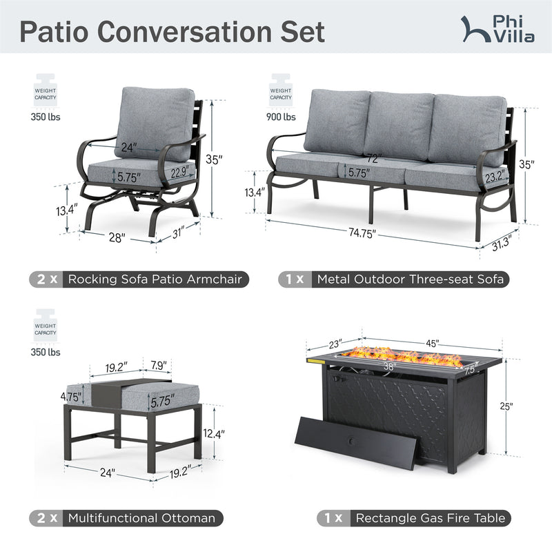 Phi Villa 7-Seater Patio Steel Conversation Sofa Sets With Leather Grain Fire Pit Table