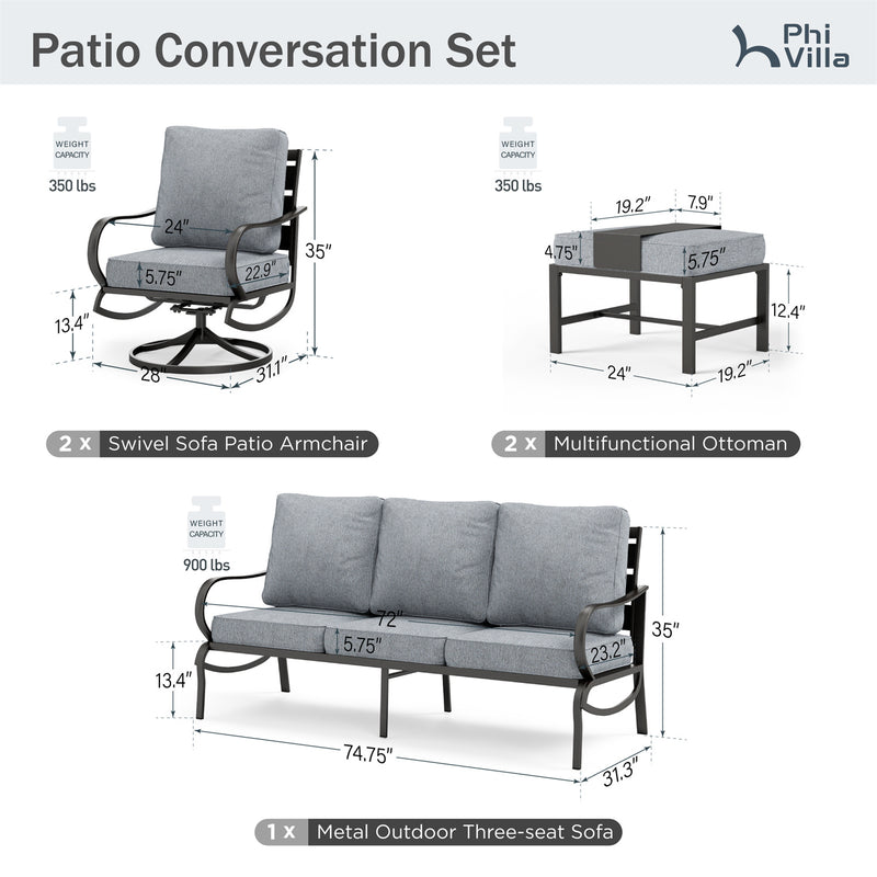 Phi Villa 7-Seater Patio Steel Sofa with Multi-functional Ottomans