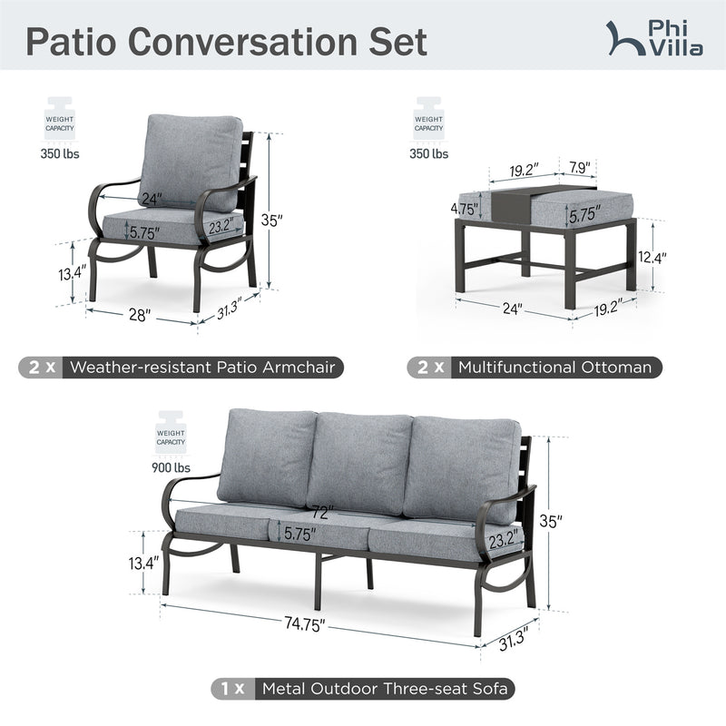 Phi Villa 9-Seater Patio Steel Sofa With Cushions And Multi-functional Ottomans