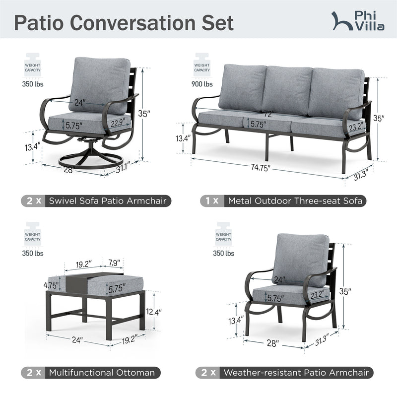 Phi Villa 9-Seater Patio Steel Sofa With Cushions And Multi-functional Ottomans