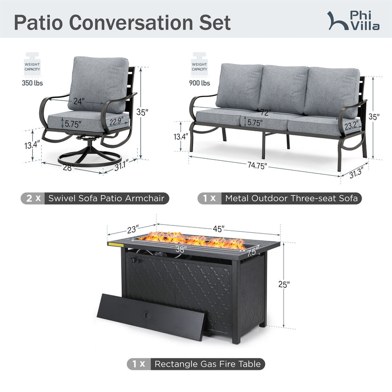 Phi Villa 5-Seater Patio Steel Conversation Sofa Sets With Leather Grain Fire Pit Table