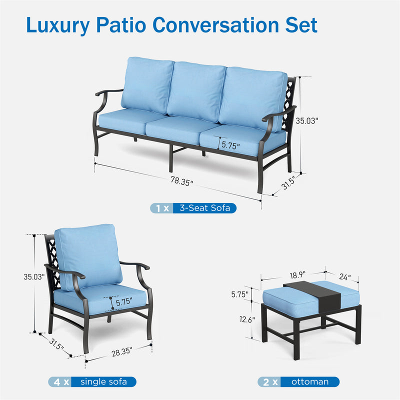 Phi Villa 7-Seater Patio Steel Sofa With Cushions And Multi-fuctional Ottomans