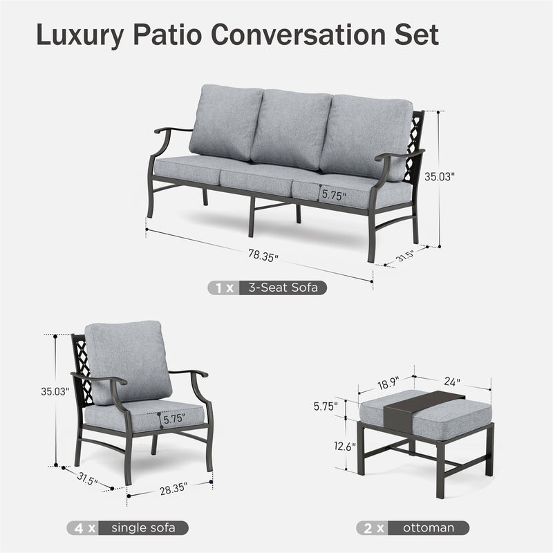 Phi Villa 7-Seater Patio Steel Sofa With Cushions And Multi-fuctional Ottomans