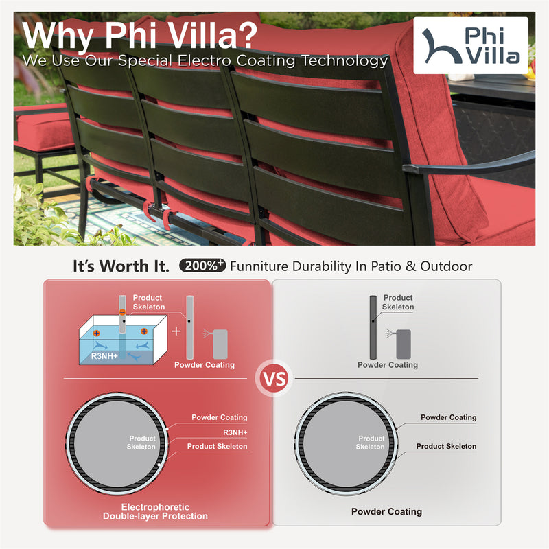 Phi Villa 5-Seater Patio Steel Conversation Sofa Sets With Leather Grain Fire Pit Table