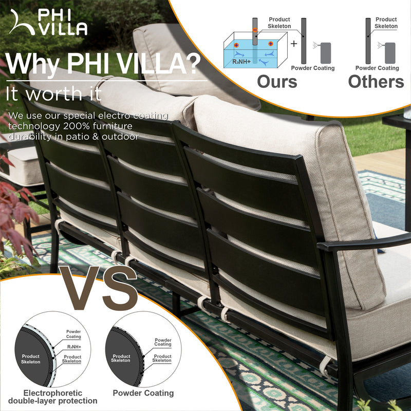 Phi Villa 9-Seater Patio Steel Conversation Sofa Sets With Leather Grain Fire Pit Table