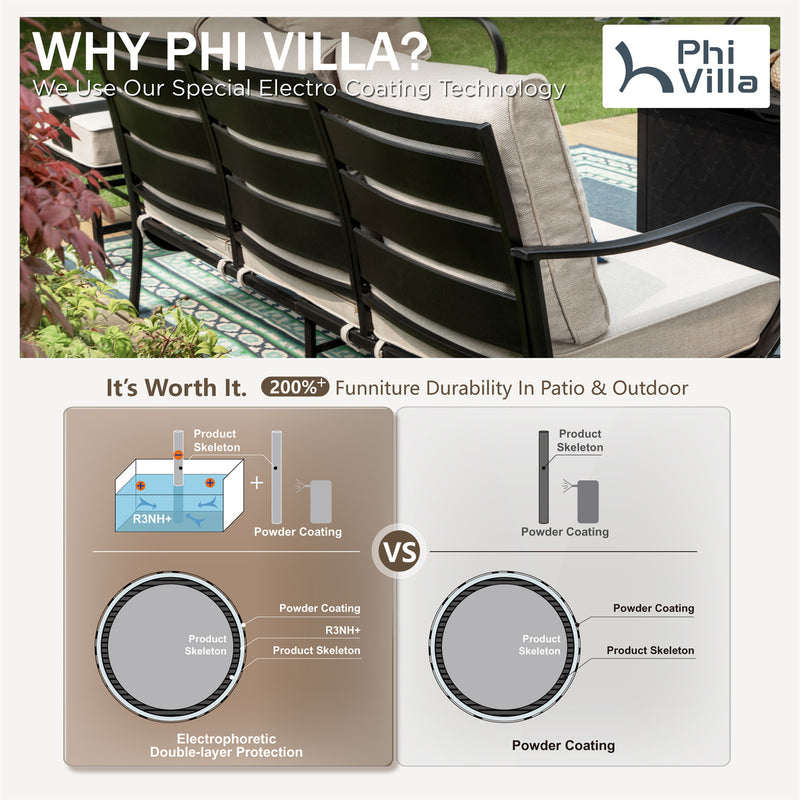 Phi Villa 7-Seater Patio Steel Conversation Sofa Sets With Leather Grain Fire Pit Table