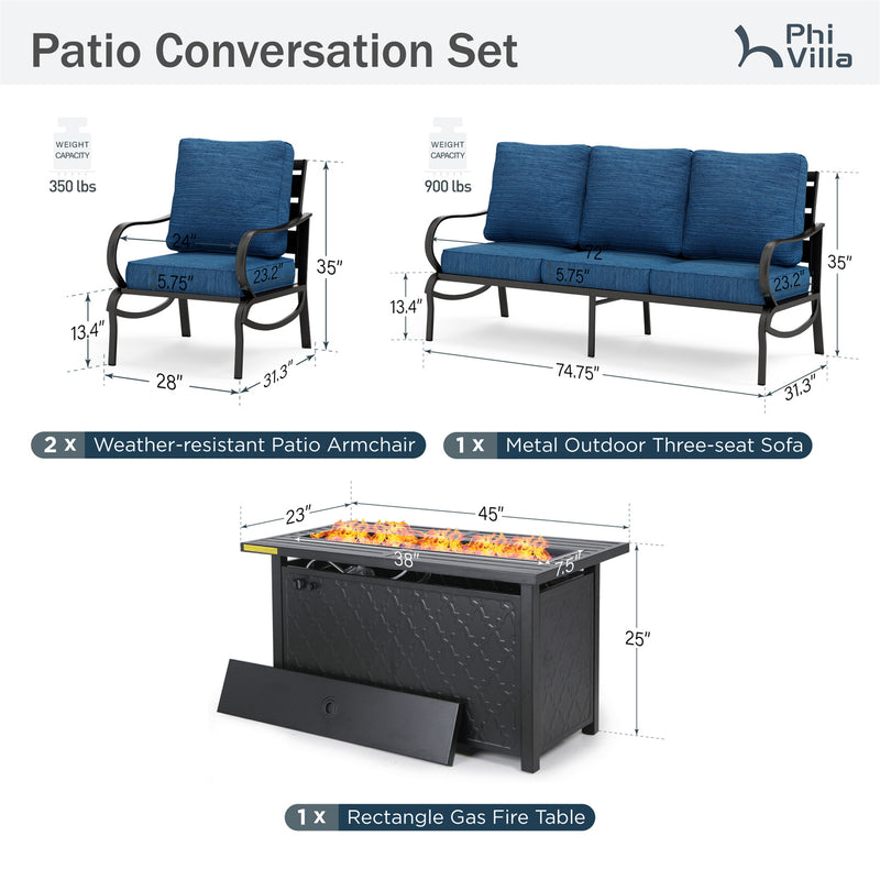 Phi Villa 5-Seater Patio Steel Conversation Sofa Sets With Leather Grain Fire Pit Table