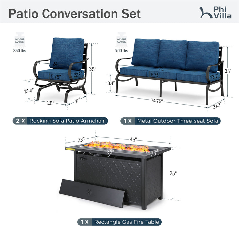 Phi Villa 5-Seater Patio Steel Conversation Sofa Sets With Leather Grain Fire Pit Table