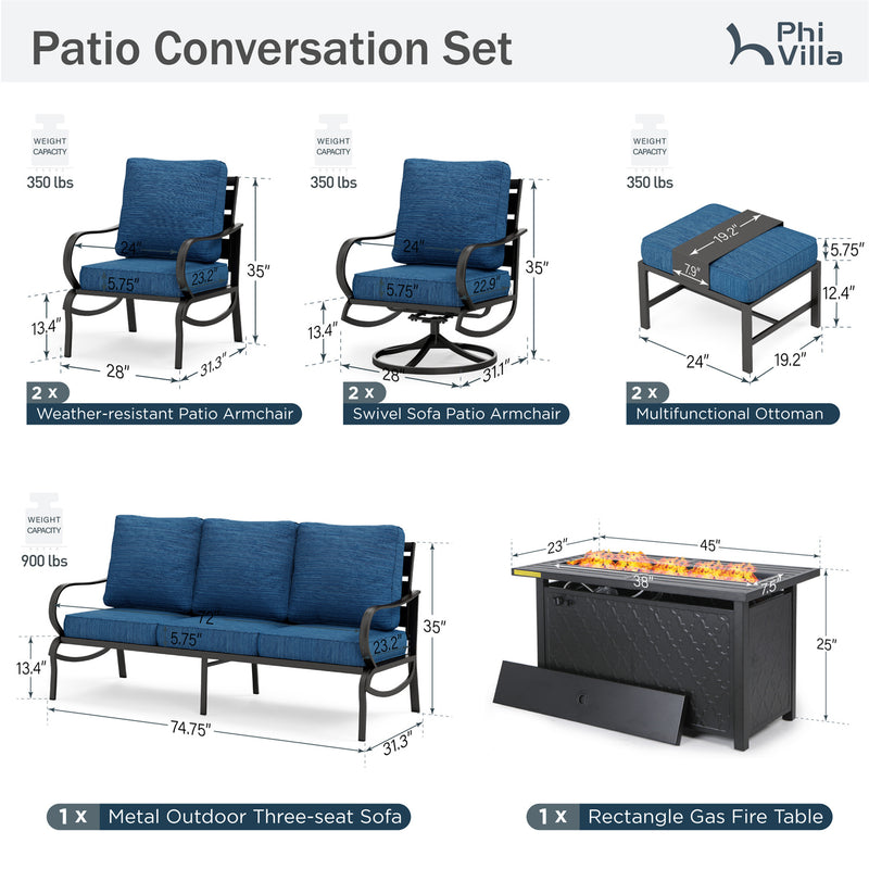 Phi Villa 9-Seater Patio Steel Conversation Sofa Sets With Leather Grain Fire Pit Table