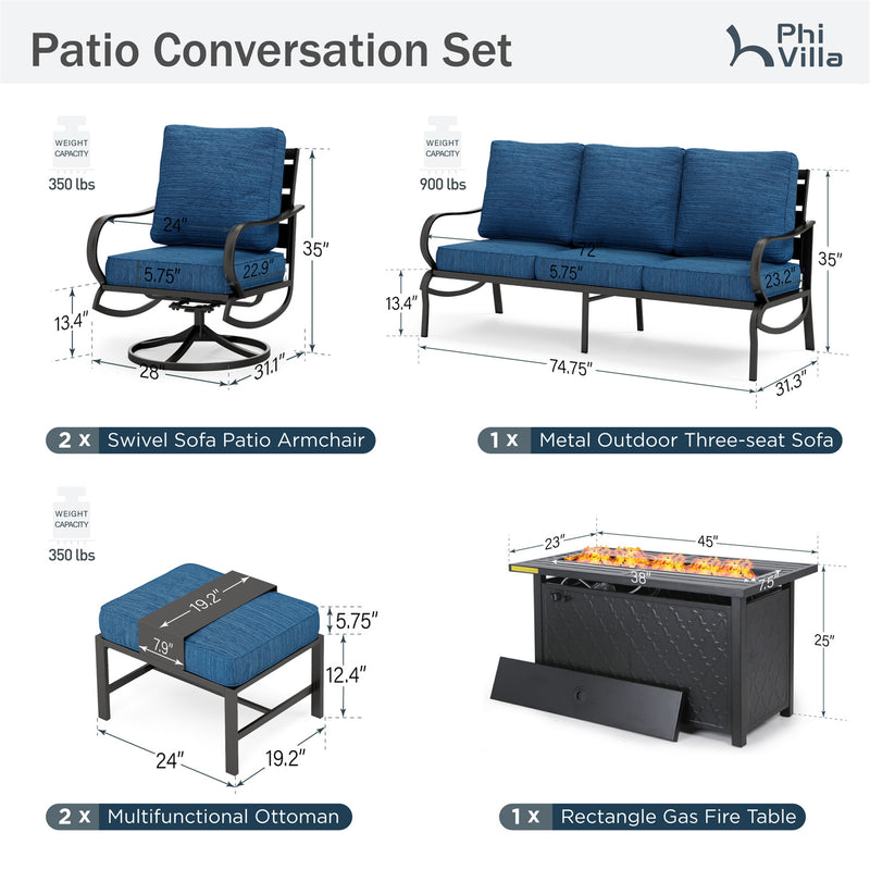 Phi Villa 7-Seater Patio Steel Conversation Sofa Sets With Leather Grain Fire Pit Table