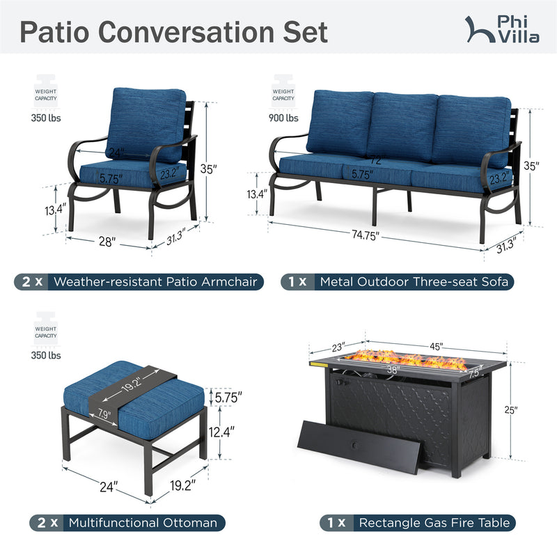 Phi Villa 7-Seater Patio Steel Conversation Sofa Sets With Leather Grain Fire Pit Table