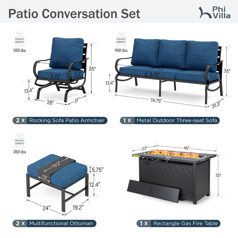 Phi Villa 7-Seater Patio Steel Conversation Sofa Sets With Leather Grain Fire Pit Table