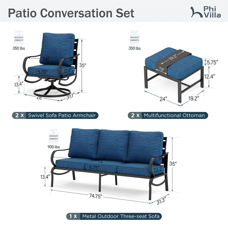 Phi Villa 7-Seater Patio Steel Sofa with Multi-functional Ottomans