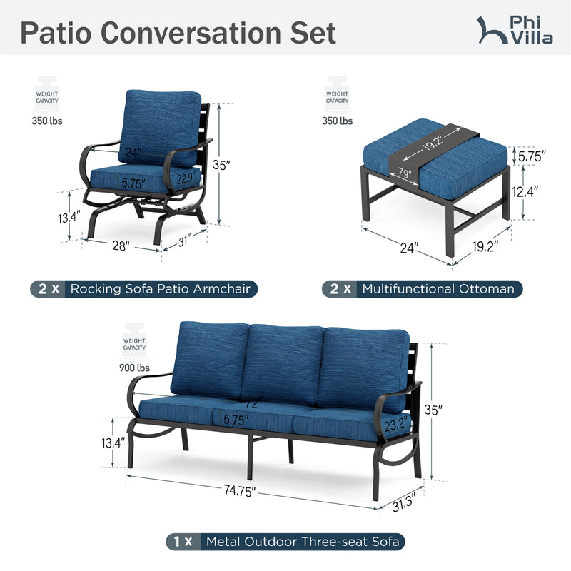 Phi Villa 7-Seater Patio Steel Sofa with Multi-functional Ottomans