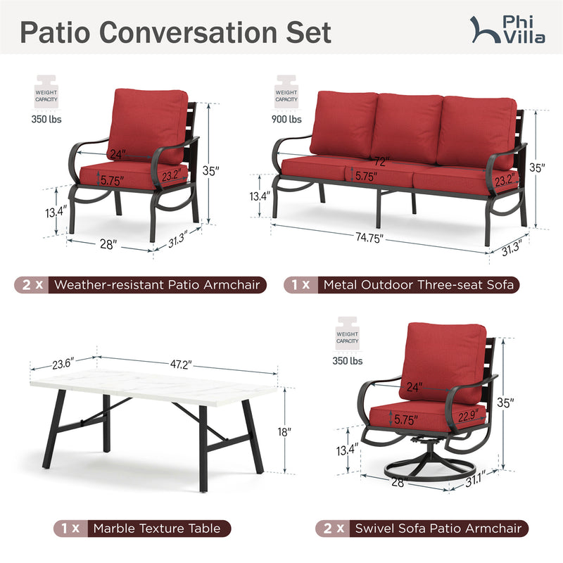 Phi Villa 7-Seater Patio Steel Conversation Sofa Sets With Coffee Table