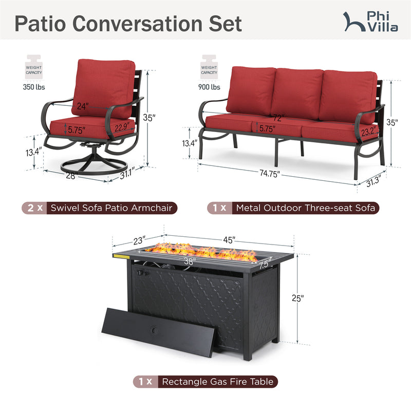 Phi Villa 5-Seater Patio Steel Conversation Sofa Sets With Leather Grain Fire Pit Table