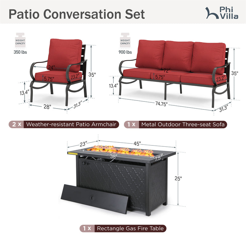 Phi Villa 5-Seater Patio Steel Conversation Sofa Sets With Leather Grain Fire Pit Table