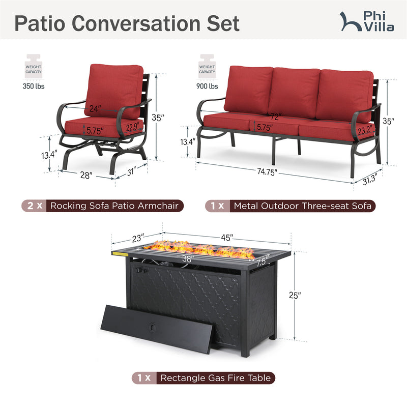 Phi Villa 5-Seater Patio Steel Conversation Sofa Sets With Leather Grain Fire Pit Table