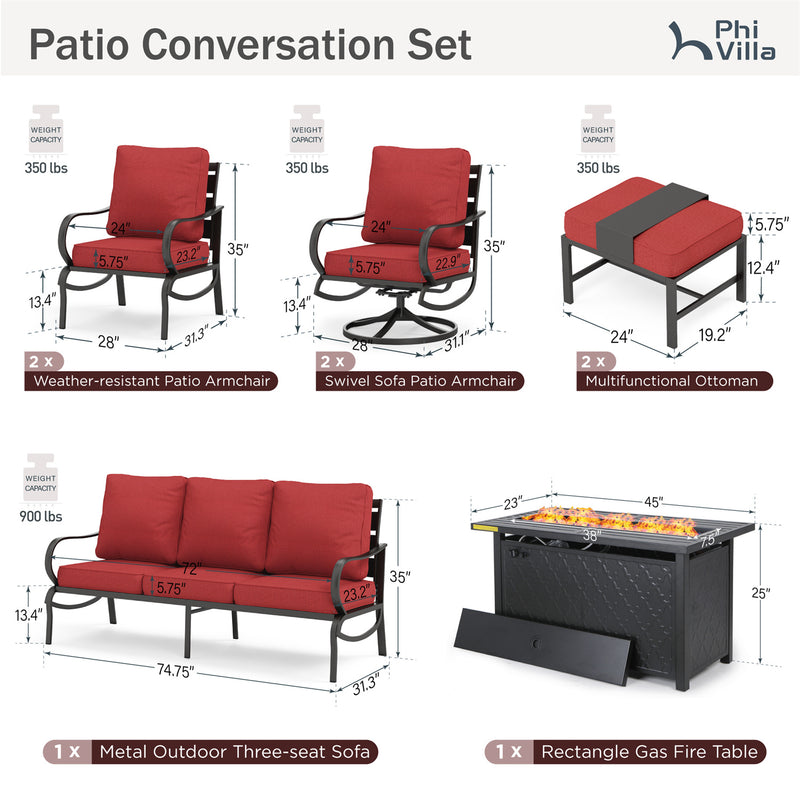 Phi Villa 9-Seater Patio Steel Conversation Sofa Sets With Leather Grain Fire Pit Table